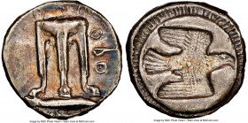 BRUTTIUM. Croton. Ca. 480-430 BC. AR stater (19mm, 7.55 gm, 5h). NGC XF 5/5 - 3/5, edge marks. ϘPO (retrograde), ornamented sacrificial tripod, legs t...