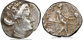 EUBOEA. Histiaea. Ca. 3rd-2nd centuries BC. AR tetrobol (14mm, 1h). NGC VF. Head of nymph right, wearing vine-leaf crown, earring and necklace / IΣTI-...