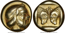 LESBOS. Mytilene. ca. 454-427 BC. EL sixth stater or hecte (10mm, 2.49 gm, 10h). NGC VF 4/5 - 4/5. Diademed head of Silenus right / Two ram heads butt...