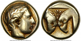 LESBOS. Mytilene. Ca. 454-427 BC. EL sixth-stater or hecte (10mm, 2.48 gm, 1h). NGC VF 5/5 - 4/5. Laureate head of Apollo right / Two ram heads confro...
