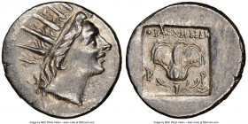 CARIAN ISLANDS. Rhodes. Ca. 88-84 BC. AR drachm (15mm, 12h). NGC Choice AU. Plinthophoric standard, Thrasymedes, magistrate. Radiate head of Helios ri...