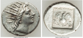 CARIAN ISLANDS. Rhodes. Ca. 88-84 BC. AR drachm (15mm, 2.81 gm, 12h). VF, brushed. Plinthophoric standard, Thrasymedes, magistrate. Radiate head of He...