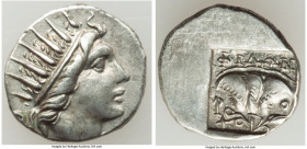 CARIAN ISLANDS. Rhodes. Ca. 88-84 BC. AR drachm (15mm, 2.14 gm, 12h). VF, brushed. Plinthophoric standard, Philon, magistrate. Radiate head of Helios ...