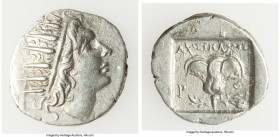 CARIAN ISLANDS. Rhodes. Ca. 88-84 BC. AR drachm (16mm, 2.40 gm, 1h). XF, brushed. Plinthophoric standard, Lysimachus, magistrate. Radiate head of Heli...