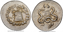 PHRYGIA. Apameia. Ca. 166-133 BC. AR cistophorus (30mm, 12.64 gm, 12h). NGC MS 5/5 - 4/5. Ca. 150-140 BC. Serpent emerging from cista mystica; all wit...