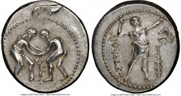 PAMPHYLIA. Aspendus. Ca. 325-250 BC. AR stater (24mm, 12h). NGC Choice VF. Two wrestlers grappling; KY between / ΕΣΤFΕΔΙΥ, slinger standing right, pla...