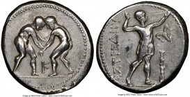 PAMPHYLIA. Aspendus. Ca. 325-250 BC. AR stater (25mm, 11h). NGC VF. Two wrestlers grappling; K between / ΕΣΤFΕΔΙΥ, slinger standing right, placing bul...
