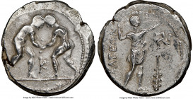 PISIDIA. Selge. Ca. 325-250 BC. AR stater (24mm, 12h). NGC Choice VF, overstruck. Two wrestlers grappling, K between / ΣΕΛΓΕΩΝ, slinger striding to ri...