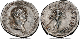 Trajan (AD 98-117). AR denarius (18mm, 6h). NGC XF. Rome, AD 114-117. IMP CAES NER TRAIANO OPTIMO AVG GER DAC, laureate, draped bust of Trajan right /...