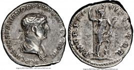 Trajan (AD 98-117). AR denarius (17mm, 7h). NGC Choice VF. Rome, AD 116. IMP CAES NER TRAIANO OPTIMO AVG GER DAC, laureate and draped bust of Trajan r...