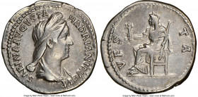 Sabina (AD 128-136/7). AR denarius (18mm, 6h). NGC VF. Rome, AD 129. SABINA AVGVSTA-HADRIANI AVG P P, draped bust of Sabina right, seen from front, ha...