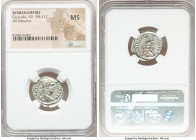 Caracalla (AD 198-217). AR denarius (20mm, 6h). NGC MS. Rome, AD 205-206. ANTONINVS PIVS AVG, laureate head of Caracalla right / PONTIF TR P-VIIII COS...