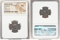 Constantine I the Great (AD 307-337). AE3 or BI nummus (19mm, 5h). NGC AU. Trier, 1st officina, AD 322. CONSTANTINVS AVG, helmeted, cuirassed bust rig...