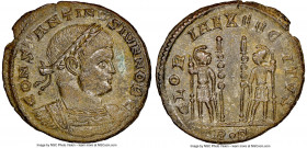 Constantine II, as Caesar (AD 337-340). AE3 or BI nummus (18mm, 12h). NGC MS. Trier, 2nd officina, AD 322-323. CONSTANTINVS IVN NOB C, laureate, cuira...