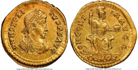 Honorius, Western Roman Empire (AD 393-423). AV solidus (21mm, 4.43 gm, 11h). NGC AU 5/5 - 3/5, marks. Thessalonica, AD 388-393. D N HONORI-IVS P F AV...