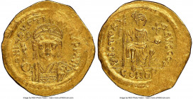 Justin II (AD 565-578). AV solidus (20mm, 6h). NGC AU, light graffiti, clipped. Constantinople, 7th officina. D N I-VSTI-NVS PP AVG, cuirassed bust of...
