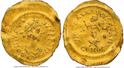 Justin II (AD 565-578). AV tremissis (15mm, 1.46 gm, 6h). NGC Choice AU 5/5 - 2/5, edge bends, scuffs, brushed. Constantinople. D N IVSTI-NVS P P AVG,...