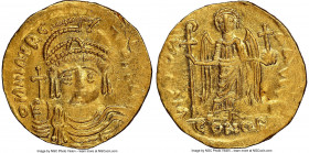 Maurice Tiberius (AD 582-602). AV solidus (21mm, 5h). NGC AU, wrinkled, marks, clipped. Constantinople, uncertain officina. o N mAVRC-TIb PP AVG, drap...