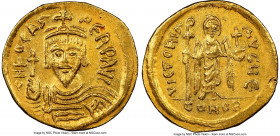 Phocas (AD 602-610). AV solidus (21mm, 4.38 gm, 7h). NGC AU 5/5 - 3/5, marks, clipped. Constantinople, 5th officina, AD 607-609. o N FOCAS-PЄRP AVG, c...