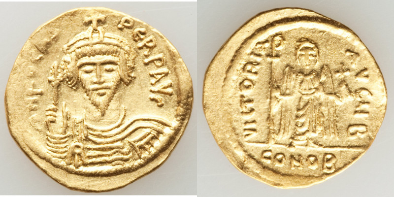 Phocas (AD 602-610). AV solidus (21mm, 4.35 gm, 6h). VF, edge bend, brushed. Con...