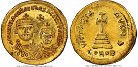 Heraclius (AD 610-641), and Heraclius Constantine. AV solidus (21mm, 4.46 gm, 7h). NGC MS 5/5 - 1/5, bent, scratches, edge marks. Constantinople, 4th ...