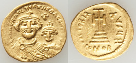 Heraclius (AD 610-641), with Heraclius Constantine. AV solidus (20mm, 4.27 gm, 7h). VF, clipped, brushed, graffiti. Constantinople, 8th officina, ca. ...