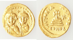 Heraclius (AD 610-641), with Heraclius Constantine. AV solidus (19mm, 4.36 gm, 6h). XF, brushed, light marks. Constantinople, 2nd officina, ca. AD 616...