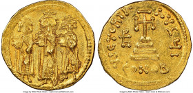 Heraclius (AD 610-641), with Heraclius Constantine and Heraclonas. AV solidus (19mm, 4.49 gm, 7h). NGC AU 3/5 - 4/5. Constantinople, 10th officina, ca...