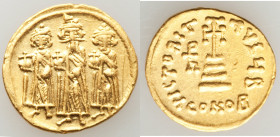Heraclius (AD 610-641), with Heraclius Constantine and Heraclonas. AV solidus (21mm, 4.43 gm, 6h). XF, graffiti. Constantinople, 2nd officina, ca. AD ...