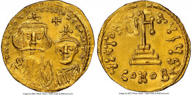 Constans II Pogonatus (AD 641-668), and Constantine IV. AV solidus (20mm, 4.39 gm, 6h). NGC MS 4/5 - 3/5, brushed, die shift, clipped. Constantinople,...