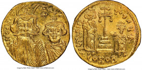 Constans II Pogonatus (AD 641-668), with Constantine IV, Heraclius and Tiberius. AV solidus (19mm, 4.36 gm, 7h). NGC MS 5/5 - 4/5, brushed, clipped. C...
