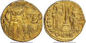 Constans II Pogonatus (AD 641-668), and Constantine IV. AV solidus (18mm, 7h). NGC AU, graffiti, clipped. Constantinople, 3rd officina, AD 662-667. dN...