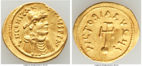 Constans II (AD 641-668). AV semissis (18mm, 2.17 gm, 5h). XF, wavy flan, graffiti. Constantinople. d N CONSTAN-TINЧS PP A, pearl-diademed, draped and...