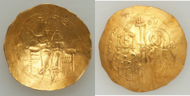 John II Comnenus (AD 1118-1143). AV hyperpyron (29mm, 4.32 gm, 6h). VF, graffiti, bent. Thessalonica, AD 1118-1122. IC-XC (barred), Christ, nimbate, s...