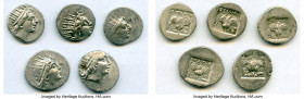 ANCIENT LOTS. Greek. Carian Islands. Rhodes. Ca. 88-84 BC. Lot of five (5) AR drachms. VF-XF. Includes: (5) Plinthophoric standard, AR drachms. Variou...