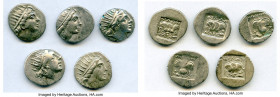 ANCIENT LOTS. Greek. Carian Islands. Rhodes. Ca. 88-84 BC. Lot of five (5) AR drachms. VF-XF. Includes: (5) Plinthophoric standard, AR drachms. Variou...