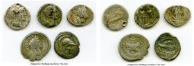 ANCIENT LOTS. Roman Republican. Lot of five (5) AR denarii. About Fine-Choice Fine, holed, bankers marks, flan adjustment, edge chips, graffiti, scrat...