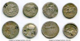 ANCIENT LOTS. Roman Republican. Lot of four (4) AR denarii. About Fine-Choice Fine, ink, holed, scratches. Includes: Four Republican denarii with diff...