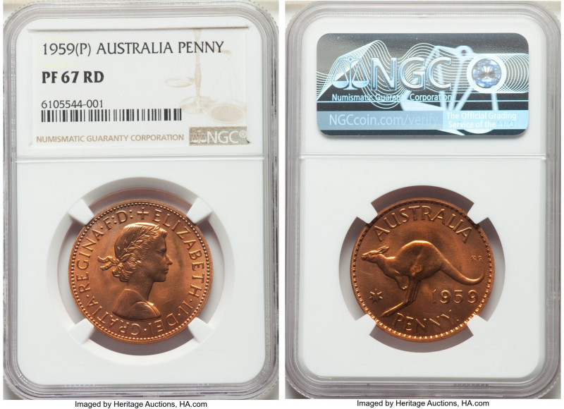 Elizabeth II Proof Penny 1959-(p) PR67 Red NGC, Perth mint, KM56. Mintage: 1,030...