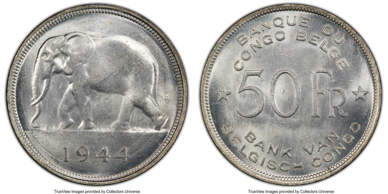Belgian Colony 50 Francs 1944 MS63 PCGS, KM27. Conservatively graded untoned wit...