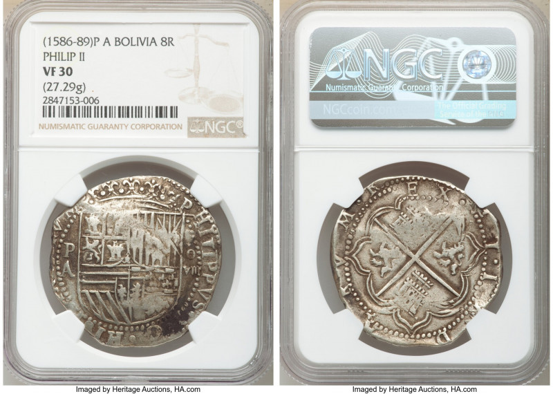 Philip II Cob 8 Reales ND (1586-1589) P-A VF30 NGC, Potosi mint, KM-MB5.1, Cal-6...