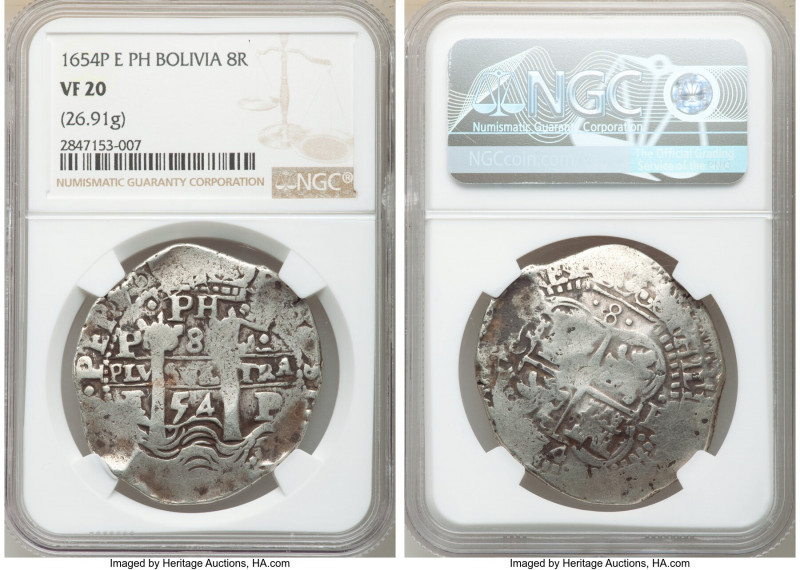 Philip IV Cob 8 Reales 1654 P-E-PH VF20 NGC, Potosi mint, KM21, Cal-1506. 26.91g...