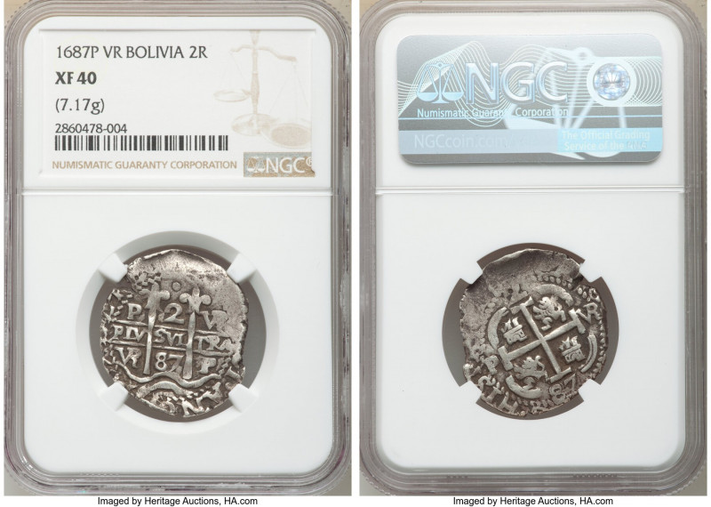 Charles II Cob 2 Reales 1687 P-VR XF40 NGC, Potosi mint, KM24, Cal-420. 7.17gm. ...
