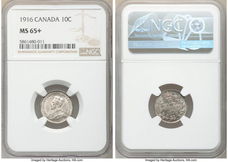 George V 10 Cents 1916 MS65+ NGC, Ottawa mint, KM23. Interspersed lavender-gray ...