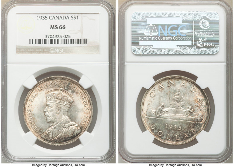 George V Dollar 1935 MS66 NGC, Royal Canadian mint, KM30. Toning conceals mint b...