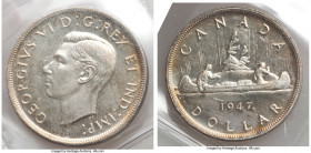 George VI "Maple Leaf" Dollar 1947 MS64 ICCS, Royal Canadian mint, KM37. Maple leaf variety. Semi-Prooflike with light peripheral tone. 

HID0980124...