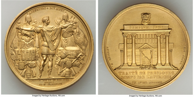 Napoleon gilt-bronze "Peace of Pressburg Broken" Medal 1809 AU, Bram-844. 40.5mm...