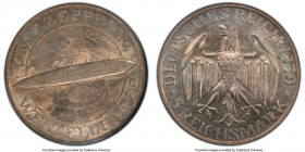 Weimar Republic "Zeppelin" 5 Mark 1930-G MS61 PCGS, Karlsruhe mint, KM68. Graf Zeppelin flight commemorative. Lowest mintage of all six mints used for...
