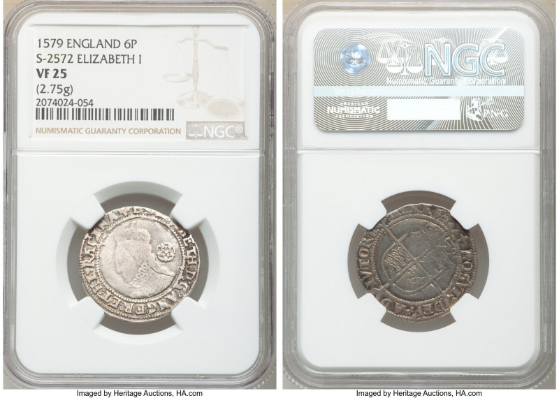 Elizabeth I (1558-1603) 6 Pence 1579 VF25 NGC, Tower mint, Greek Cross mm, Fifth...