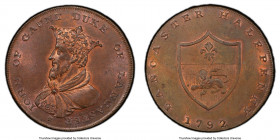 Lancashire. Lancaster copper 1/2 Penny Token 1792 MS64 Brown PCGS, D&H-26. IOHN OF GAUNT DUKE OF LANCASTER His crowned and robed bust left / LANCASTER...